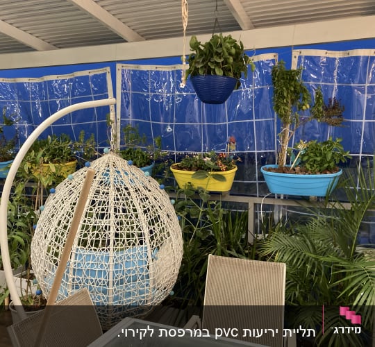 עציץ תלוי, עציצים צבעוניים, צמחייה ירוקה, מרפסת מקורה
